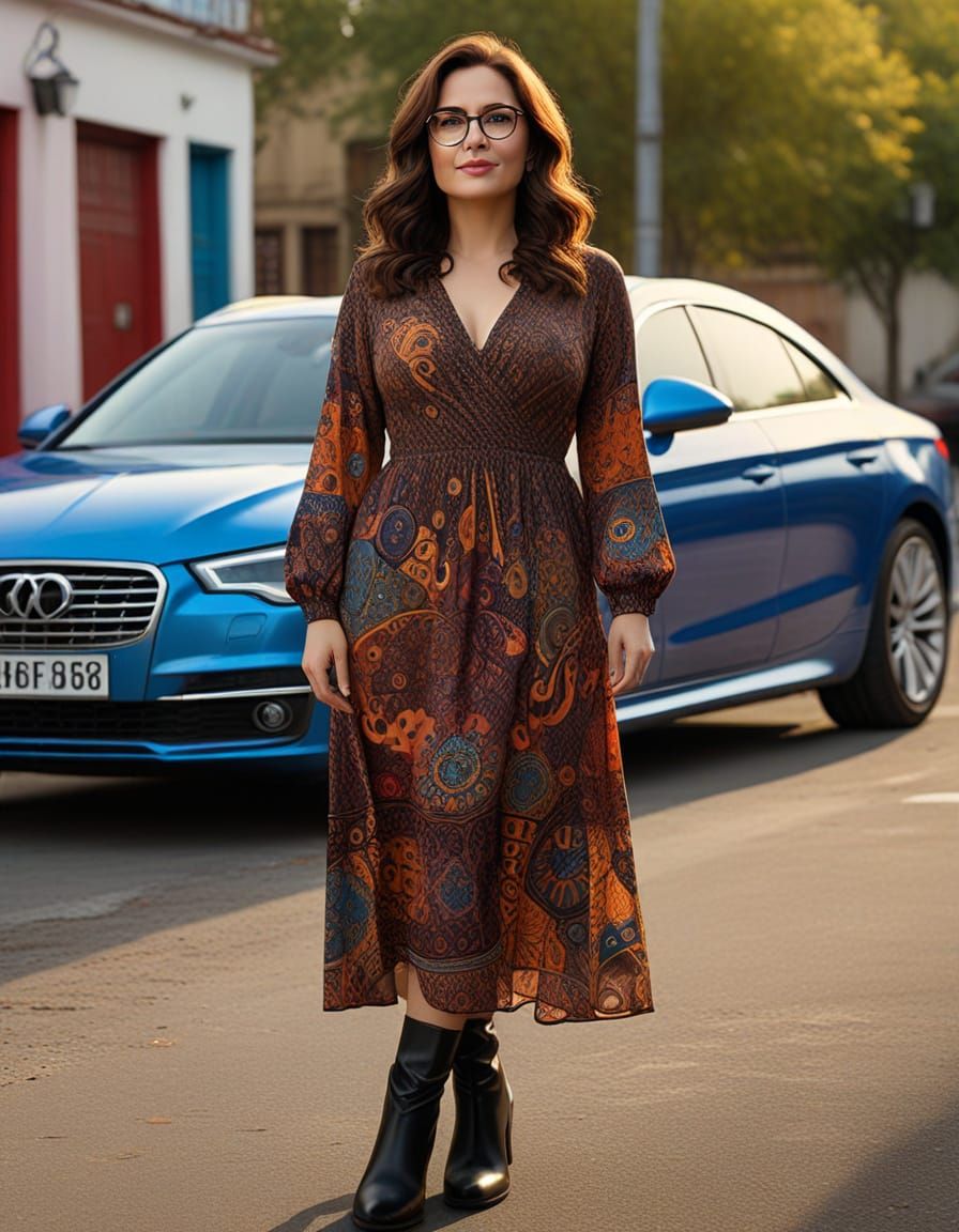 Surrealistic Portrait of a Happy Woman in a Maximalist Dress