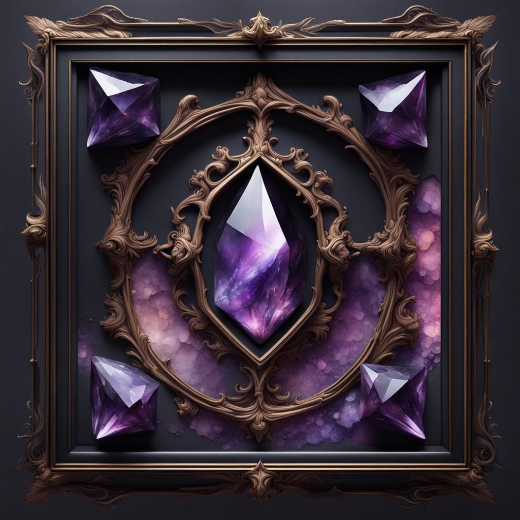 Amethyst Crystal Watercolor Painting in Black Frame