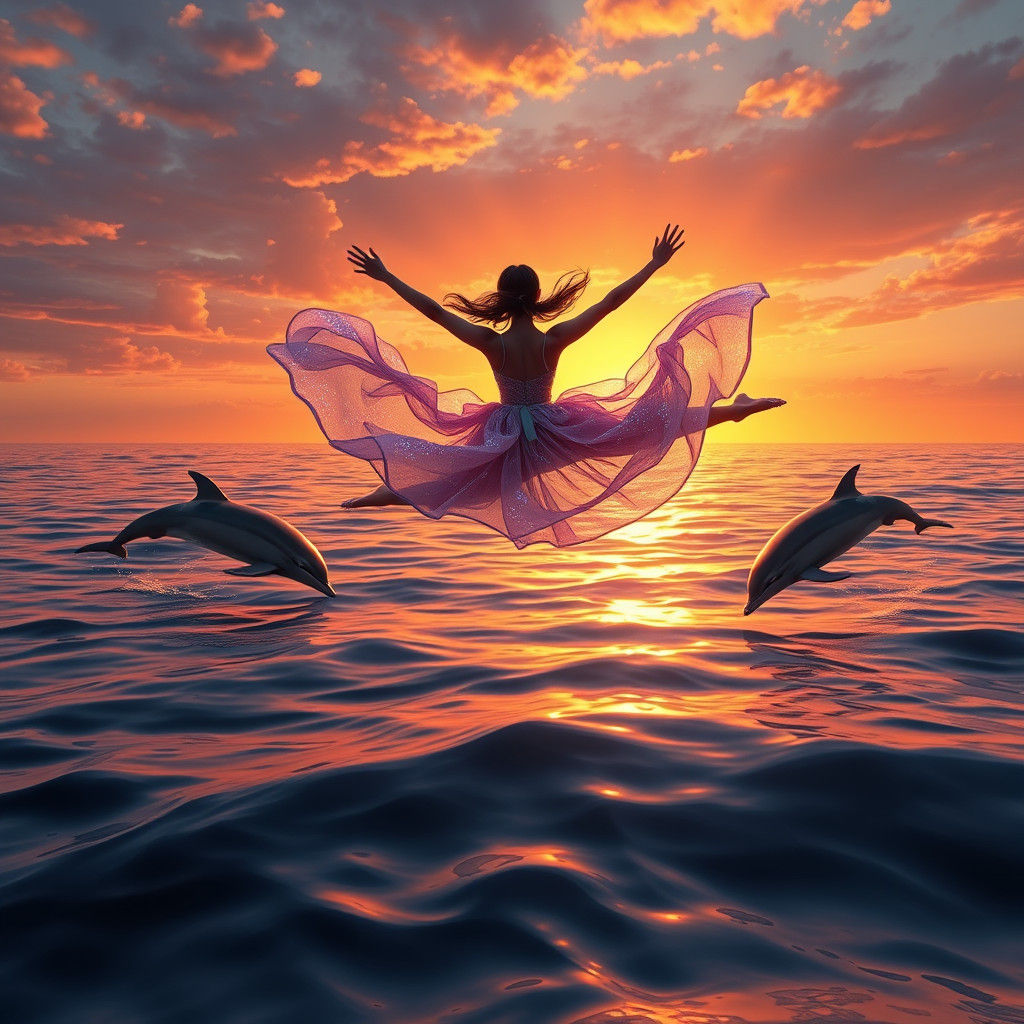 Dancer's Sunset Leap Over Ocean, Hyper-Realistic Matte Paint...