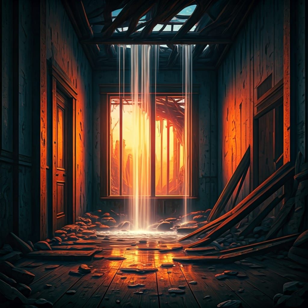 Dystopian Waterfall Flows Through Ruins: Wood Block Print