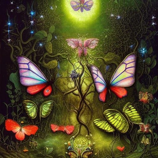 Iridescent Butterfly in Magical Night Forest Art
