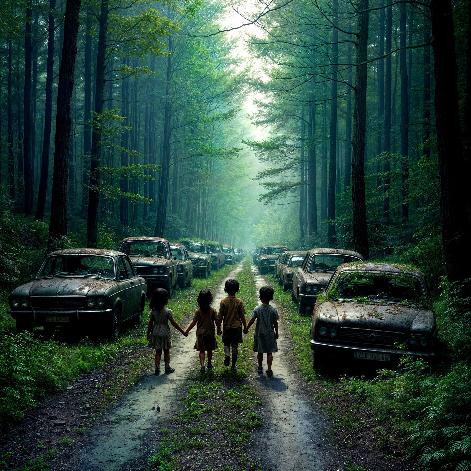 Children Walking Hand in Hand Along a Mysterious Forest Road