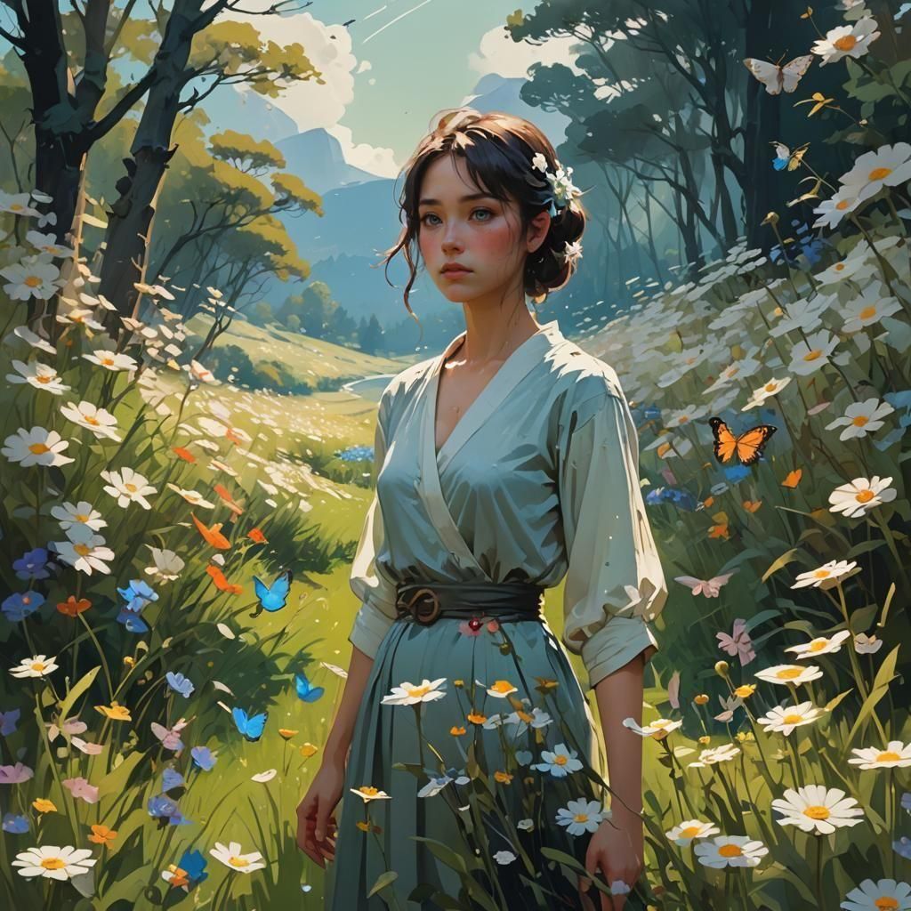 Fantasy Bird in Flower Meadow, Watercolor Illustration