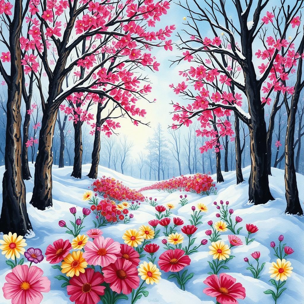 Flowers Bloom in Winter Wonderland: Gouache Art