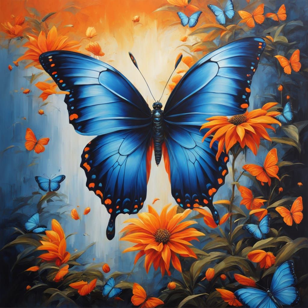 Blue Butterfly Oil Painting in Anime Style