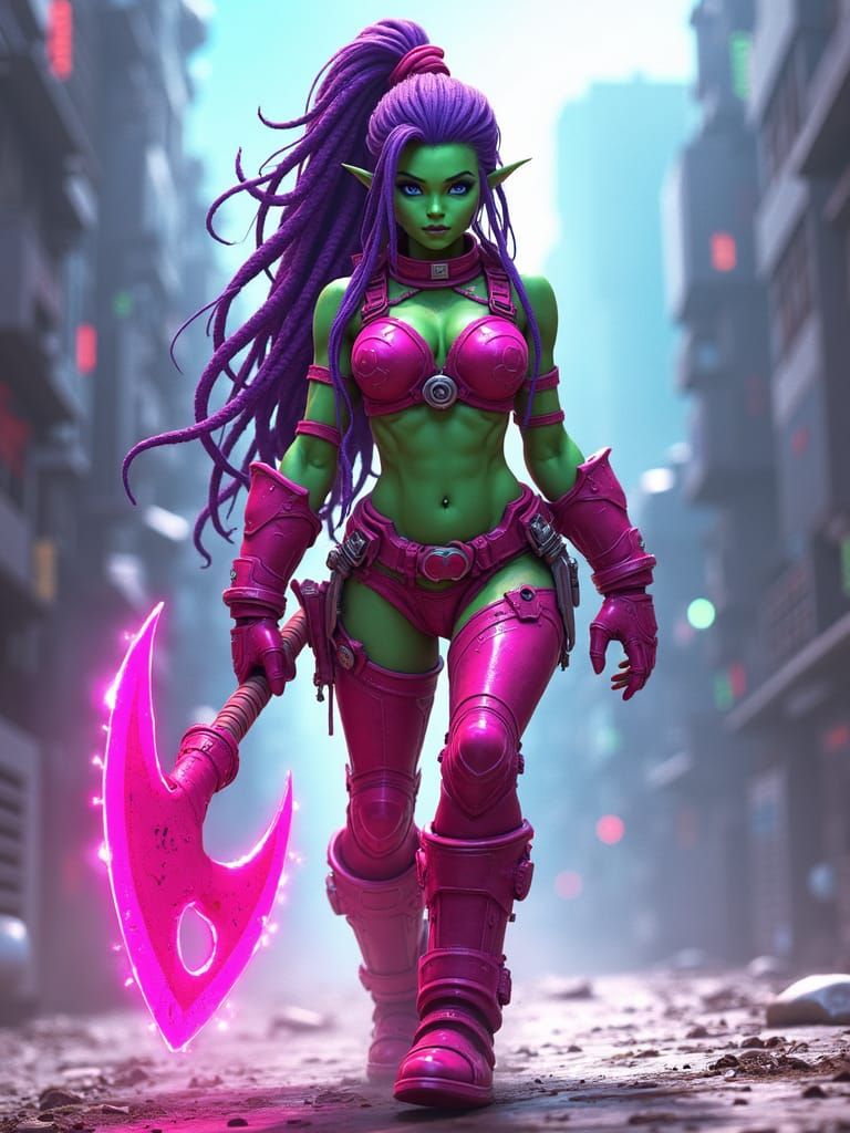 Orc Strolling Cyberpunk City in Neon Armor