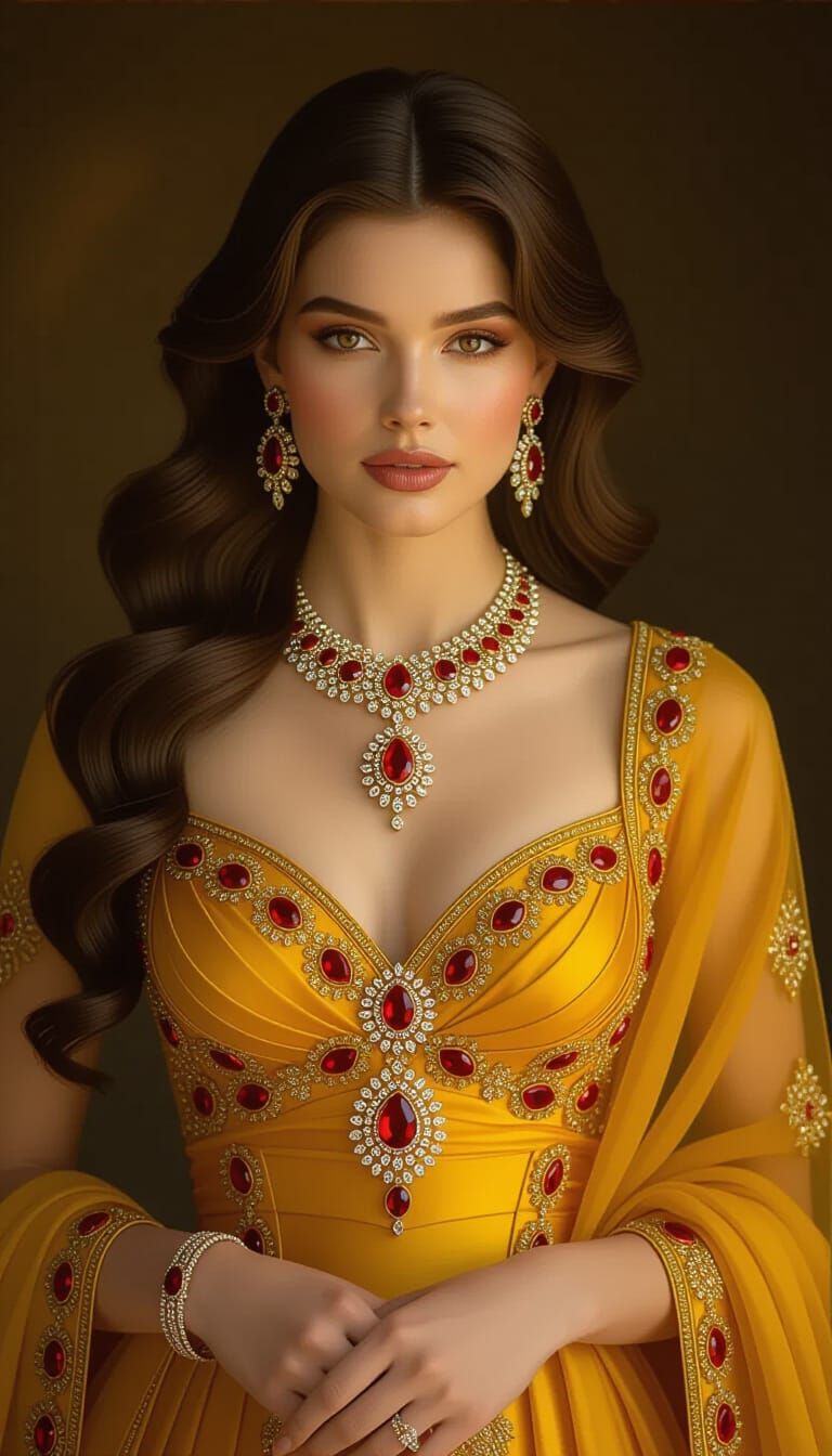 Elegant Woman in Jewel-Toned Gown with Diamond Necklace