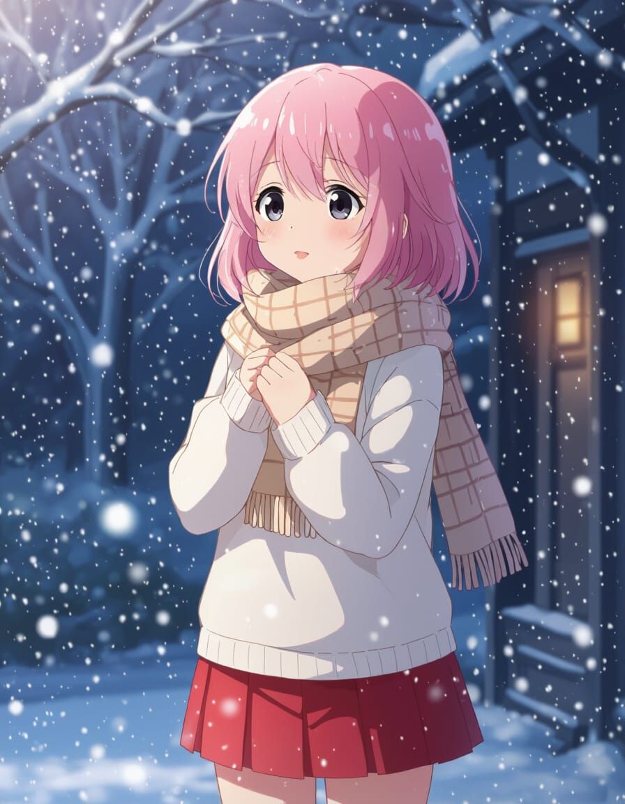 Anime Girl in Falling Snow, Studio Ghibli Style