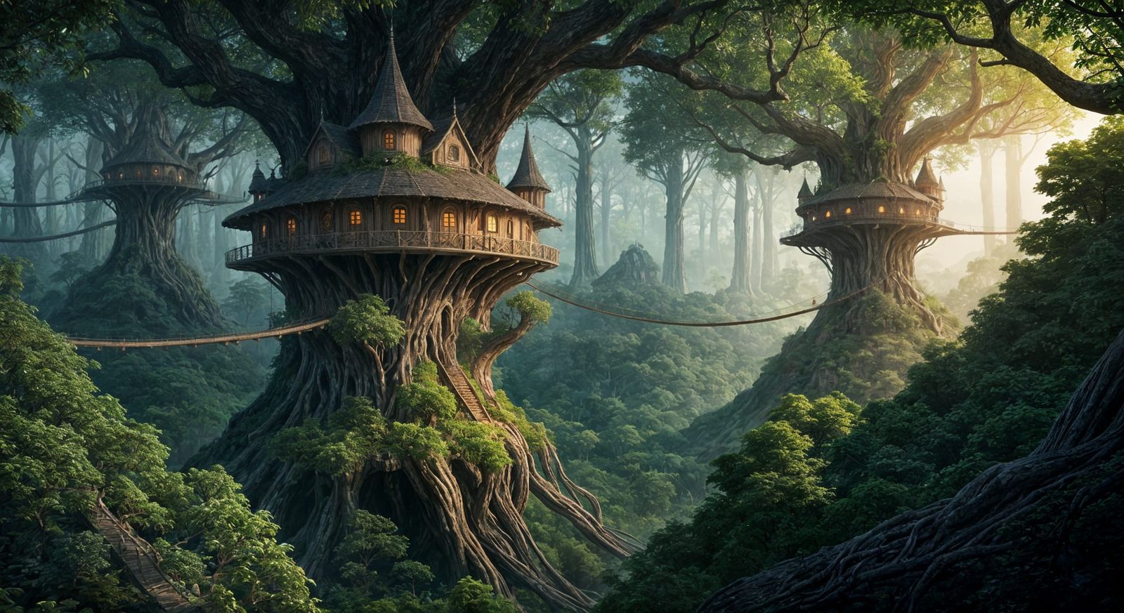 Whimsical Elven Treehouses Among Immense Ancient Oaks