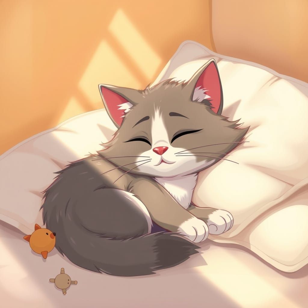 Whimsical Cartoon Cat in Sunny Slumber
