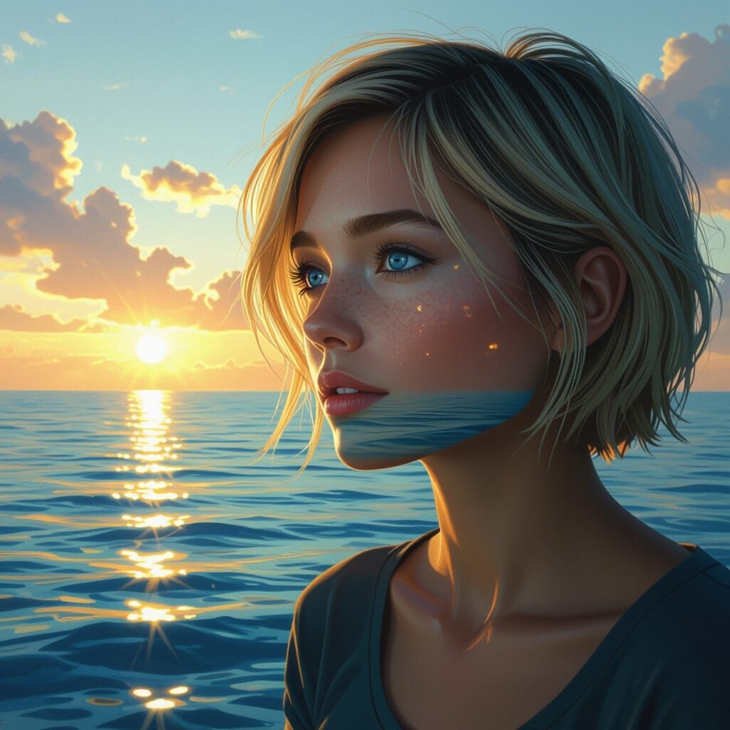 Woman Merging with Ocean: Hyperrealistic Digital Art