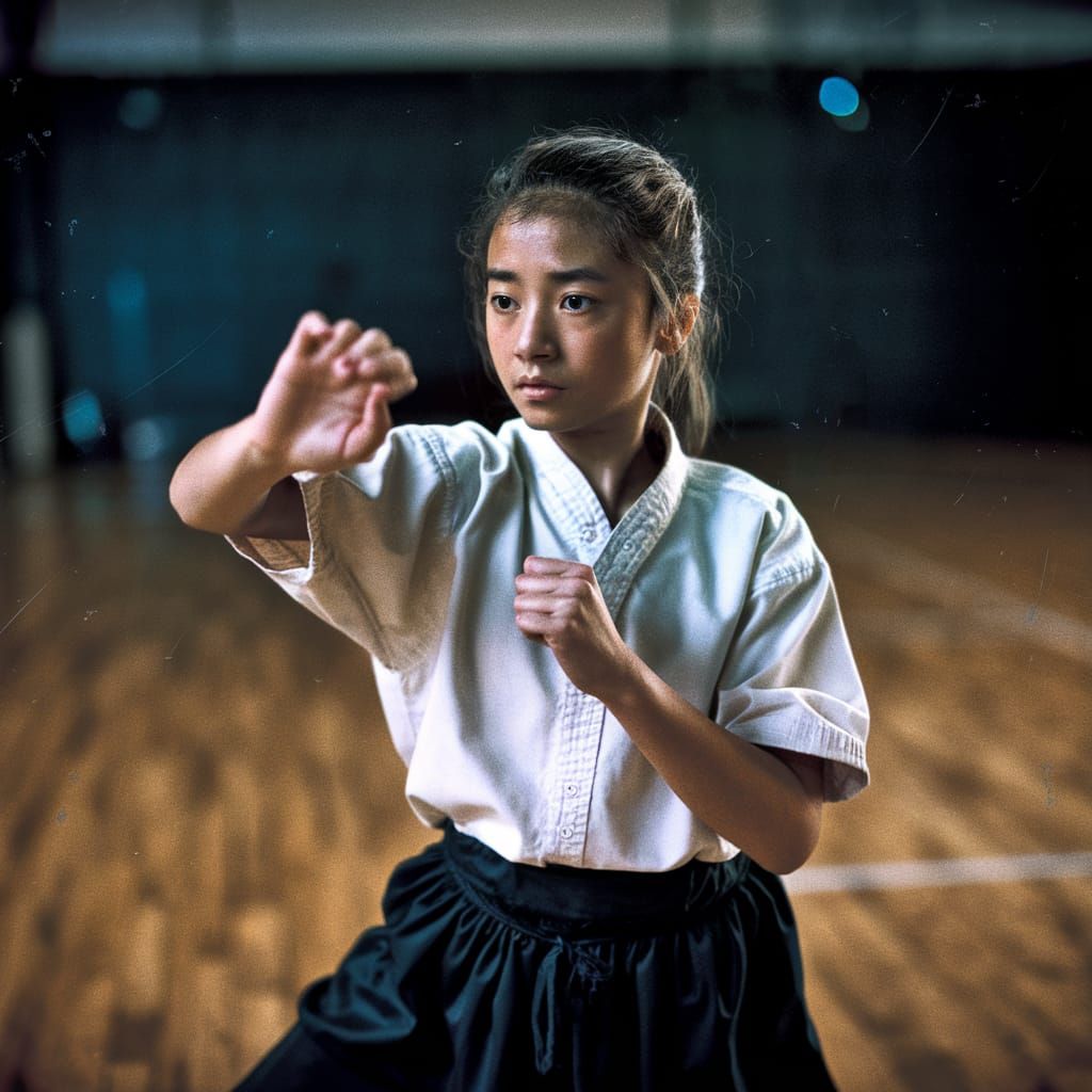 Girl Practices Kung Fu in Cinematic Film Still
