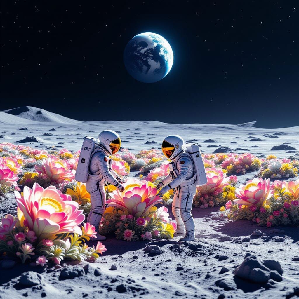Astronaut Tends Alien Garden on Moon, Earth in Sky