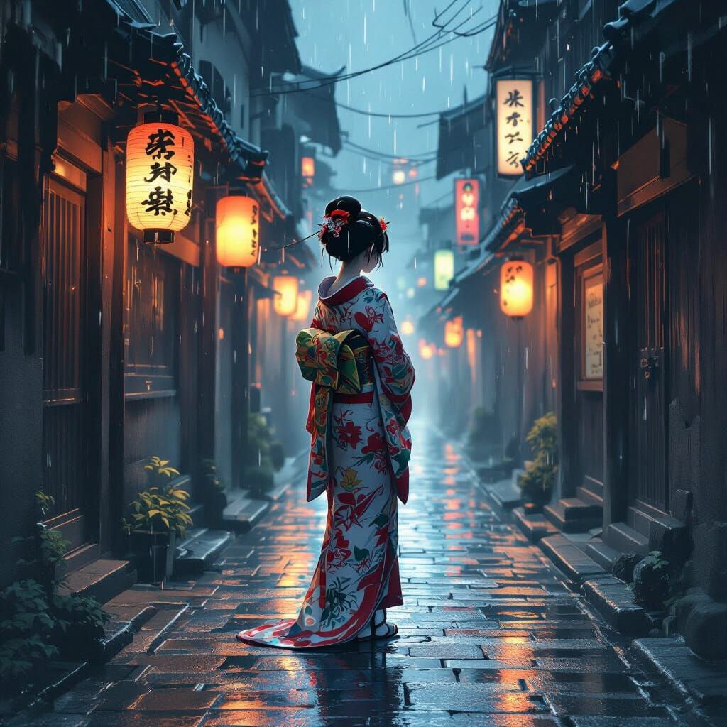 Geisha in Rainy Alleyway: A Mysterious Digital Illustration