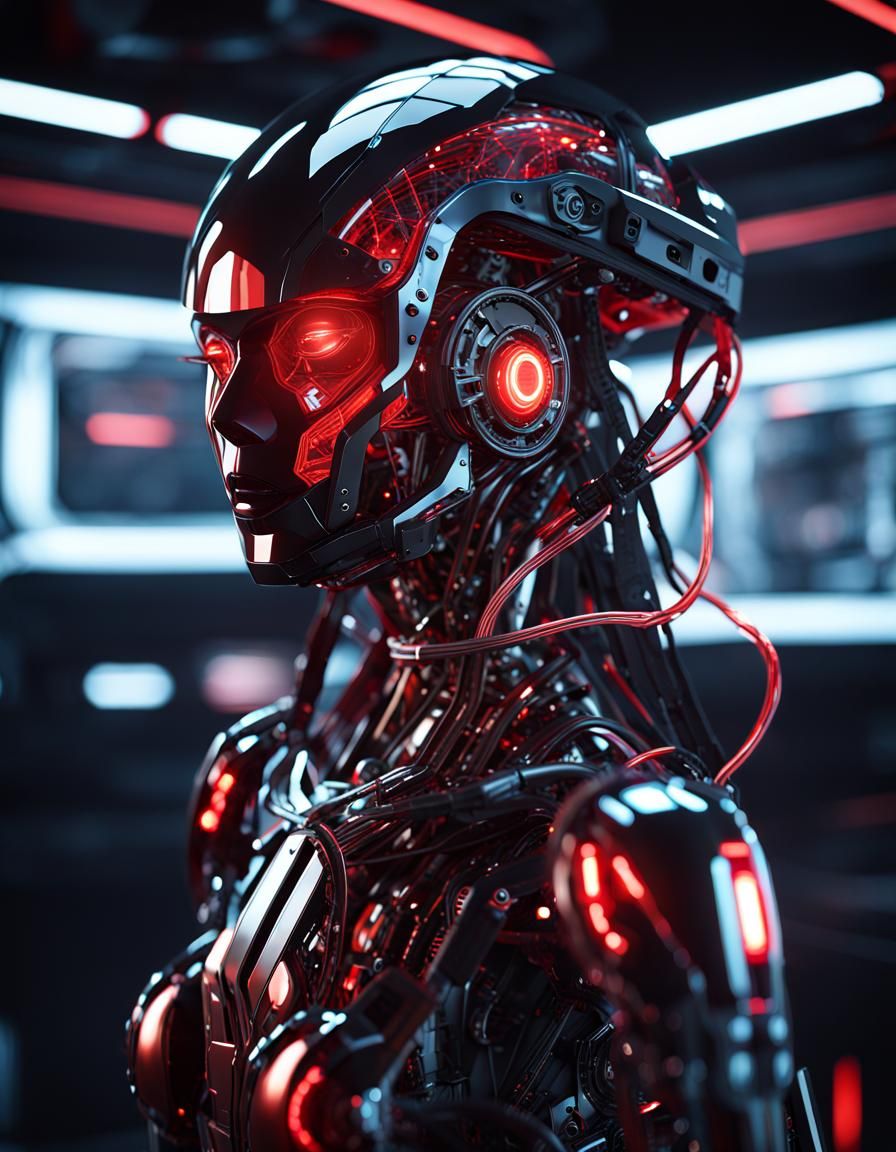 Futuristic Cyborg in Dark Sci-Fi Lab