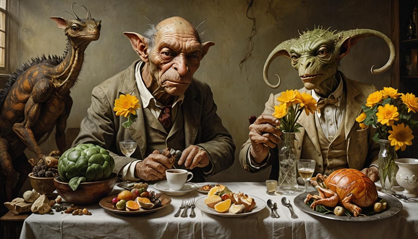 Surreal Alien Restaurant Celebration in Detailed Painting