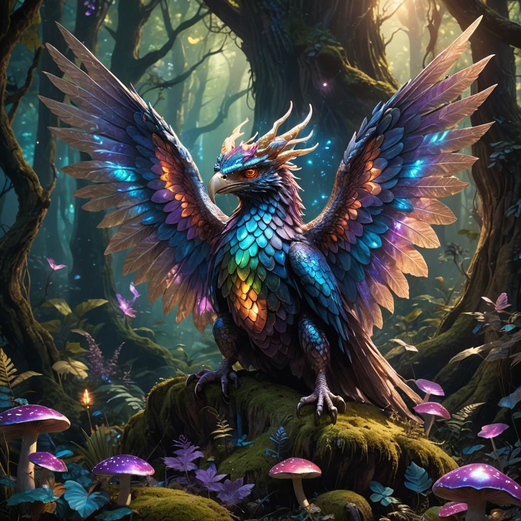 Mythical Winged Creature in Mystical Forest