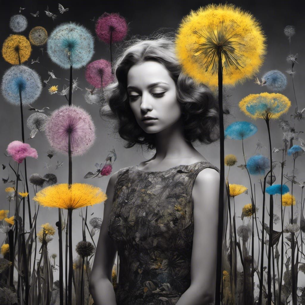 Winged fairies in a Million Dandelion dreamscape, making wishes , Salvador Dali collaboration Paul Klee and Tim Burto...