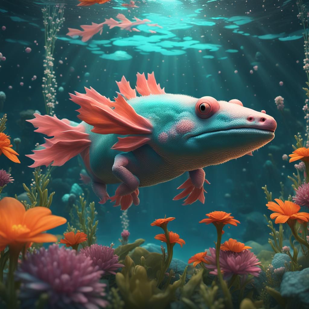 Happy Axolotl Swimming Underwater with Flowers