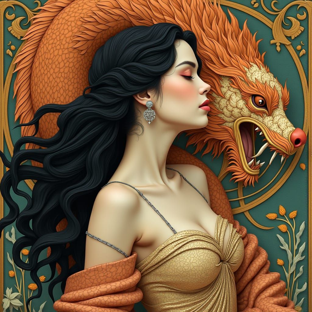 Ethereal Beauty and Dragon in Art Nouveau Style