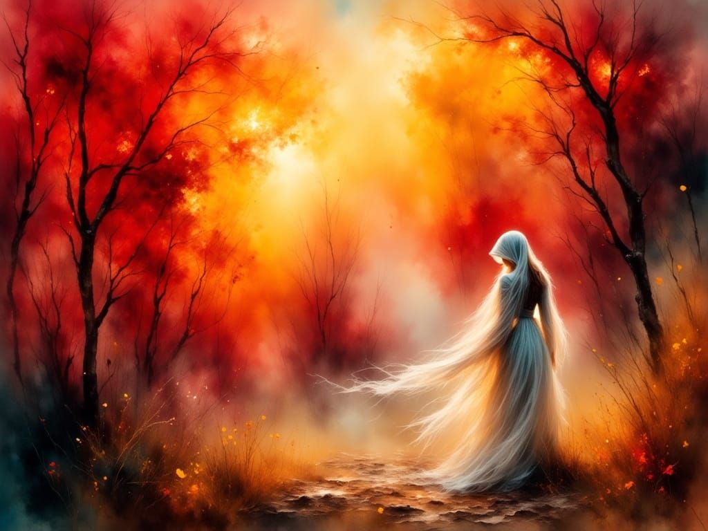 Surreal Woman in Flame-Haunted Landscape