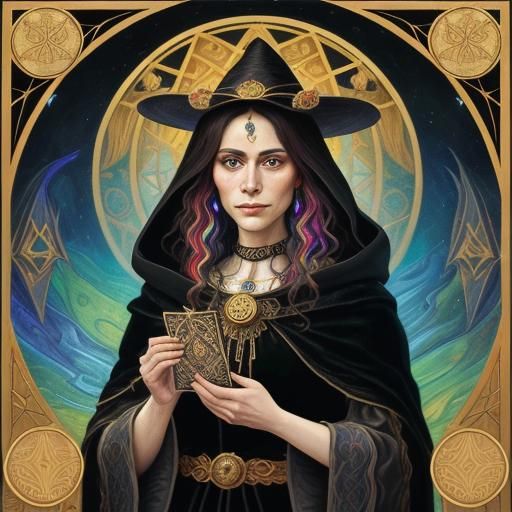 Witch Reading Tarot in Klimt-Inspired Art Nouveau Style