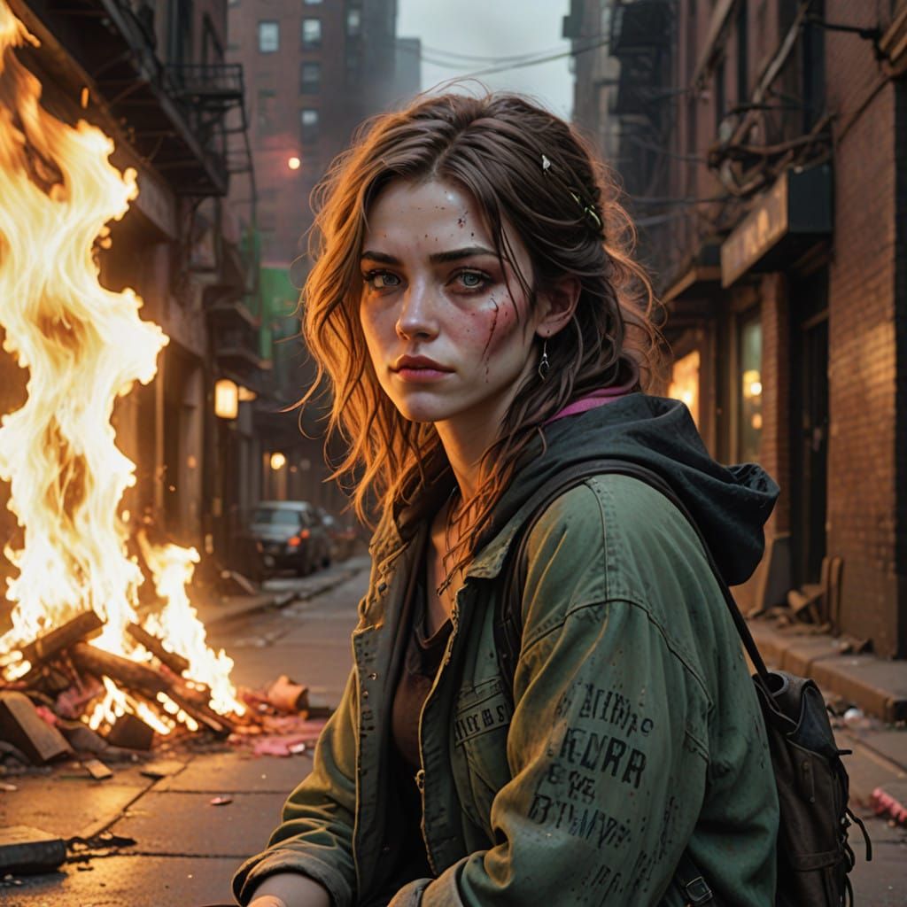 Resilient Young Woman in Desolate Cityscape Amidst Festive S...