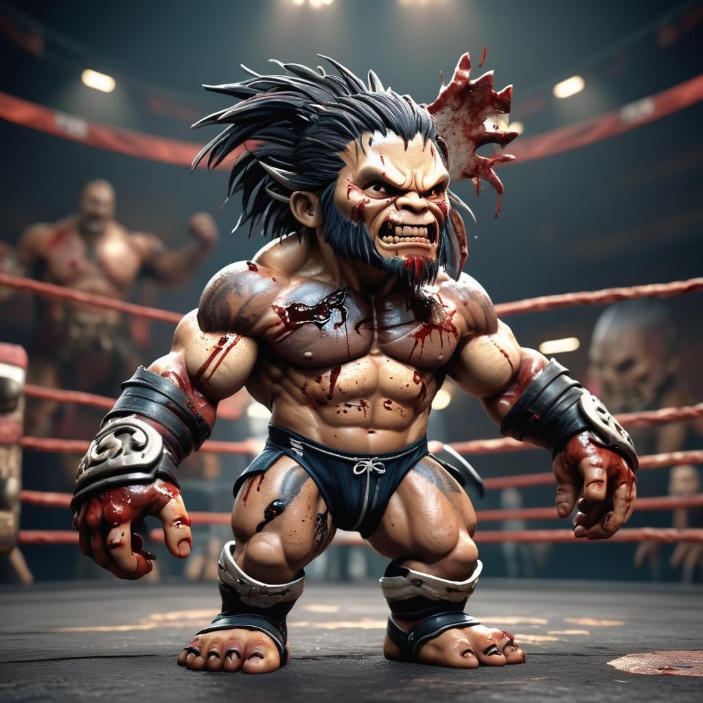 A hyperrealistic 8K 3D render of a Chibi styled monster wrestler with detailed musculoskeletal technically advanced augm...