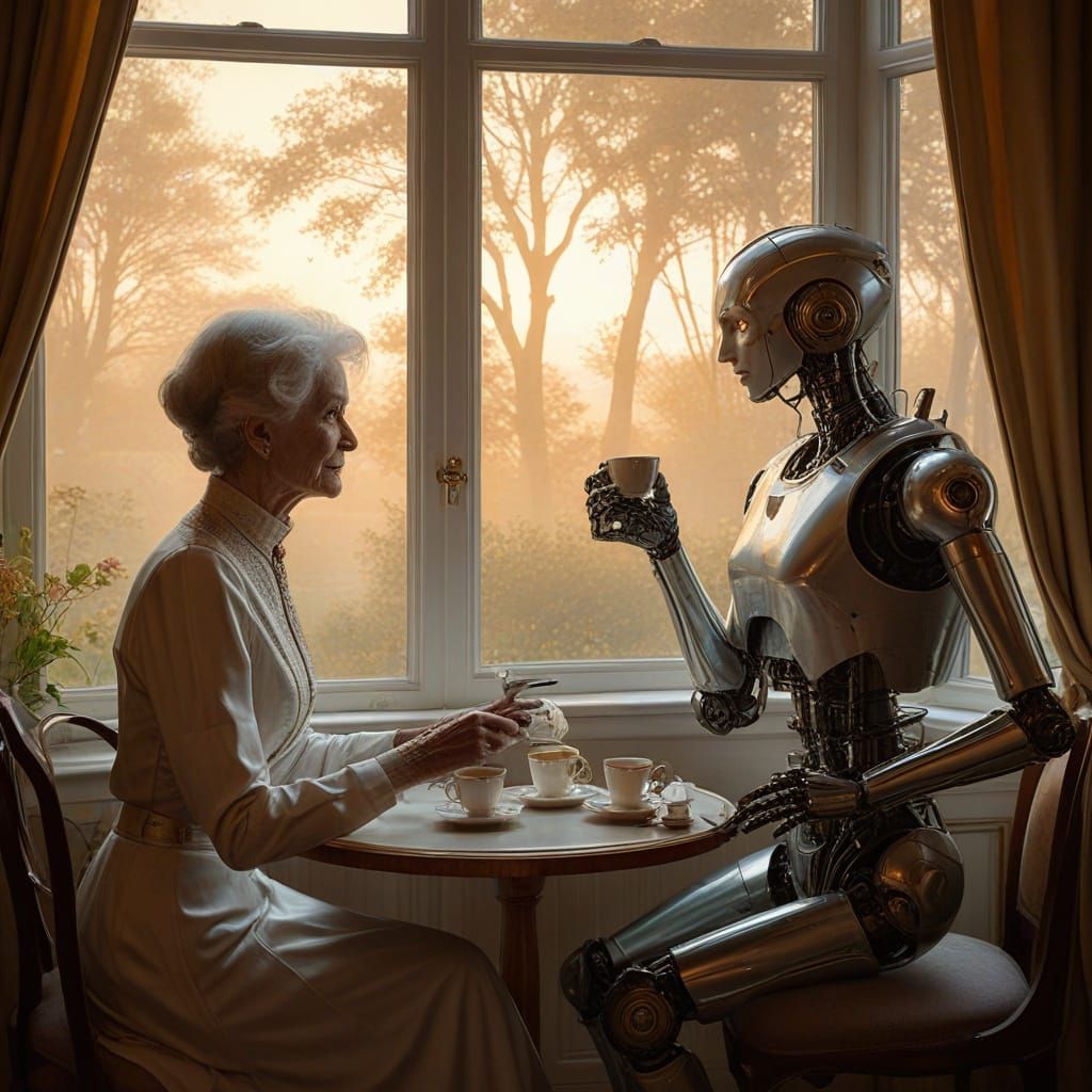 British Lady and Robot Enjoying Tea, Anne Bachelier Style
