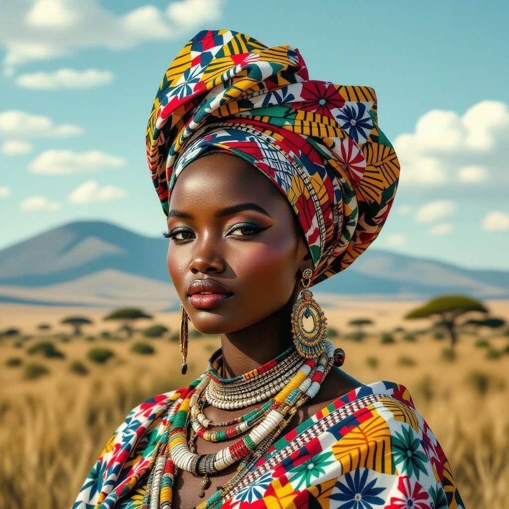 African Princess in Dreamy Savannah Landscape
