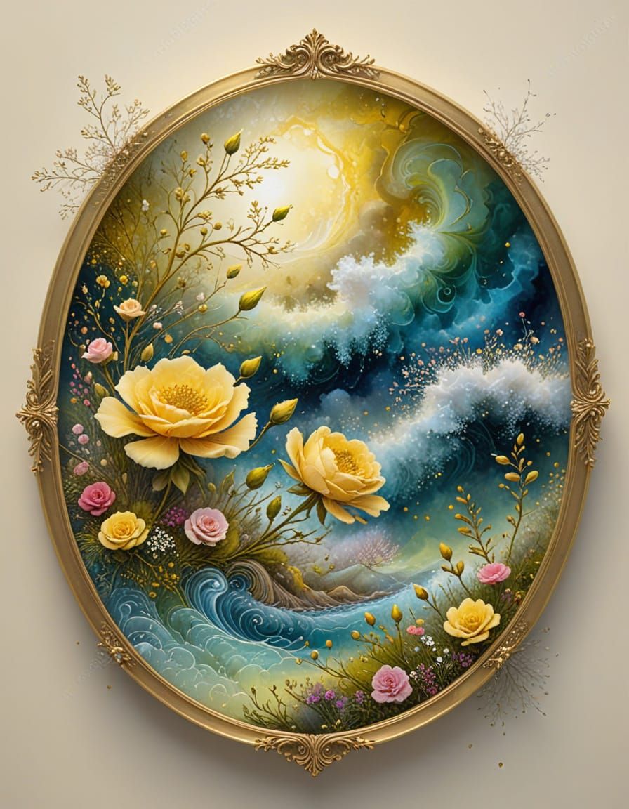 Alcohol Ink Yellow Rose Oval Art with Gold Frame