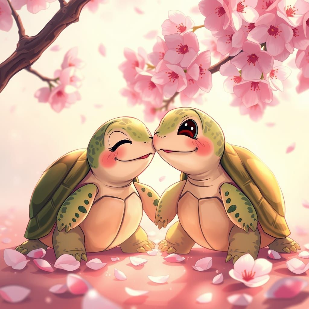 Turtles in Love Under Cherry Blossoms: Anime Style
