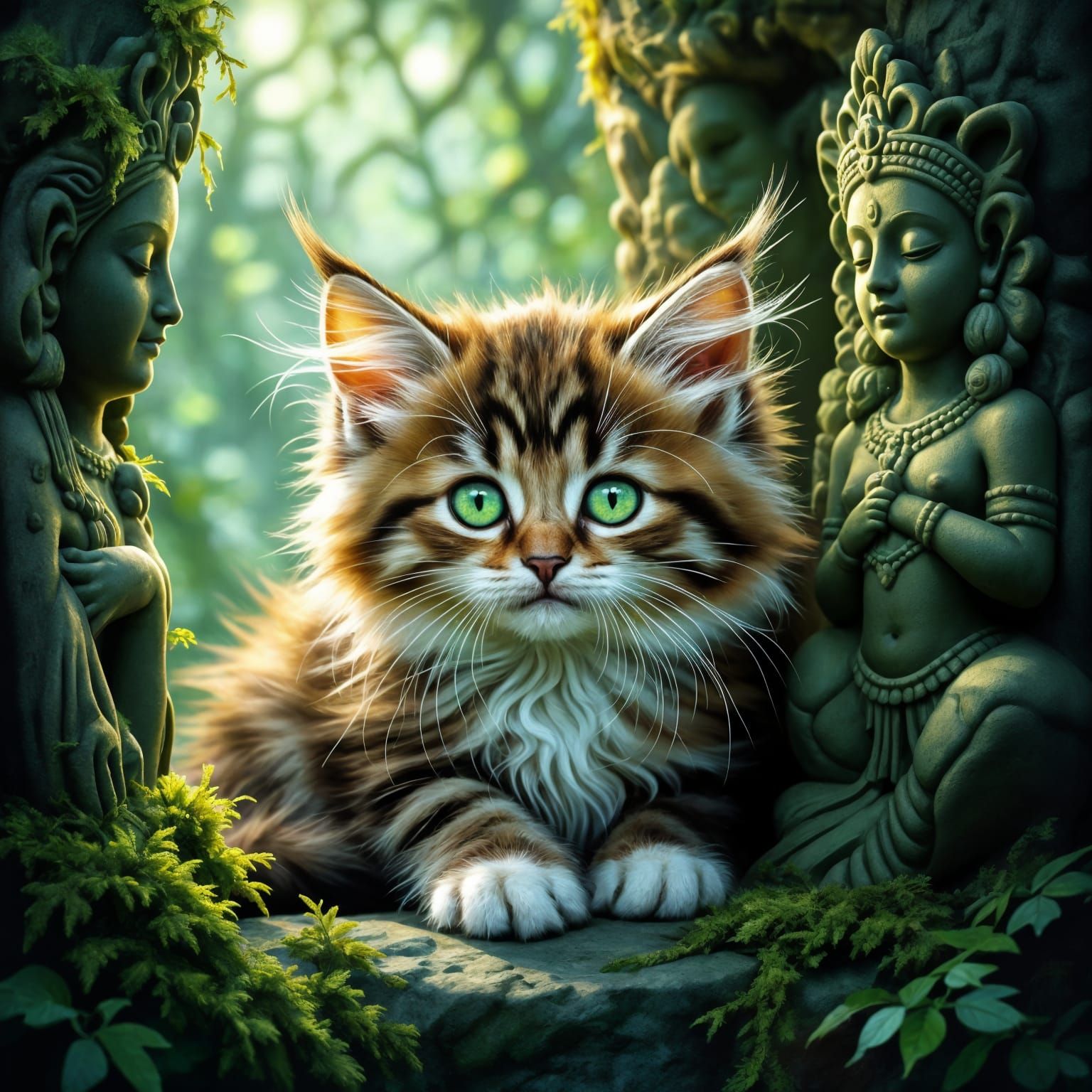 Fluffy Kitten with Emerald Eyes Among Ancient God Carvings