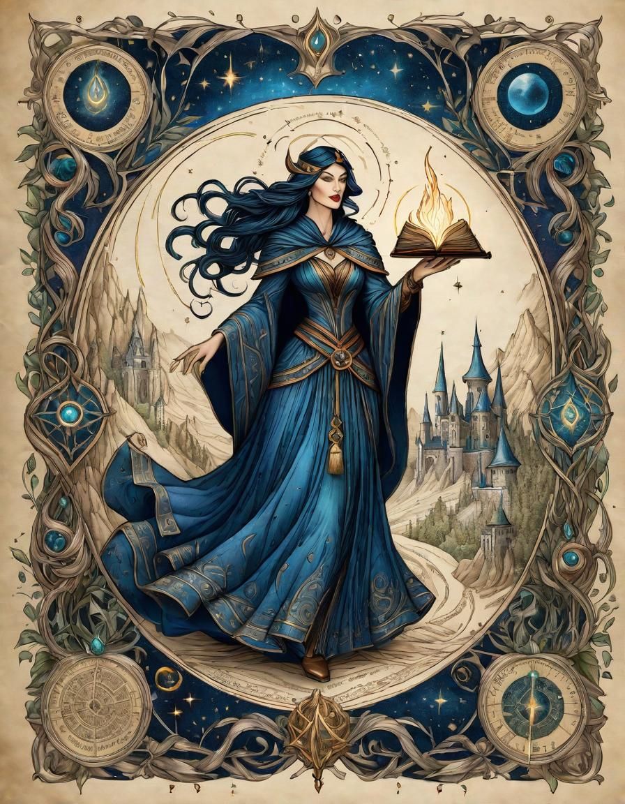 Sorceress Climbs from Spellbook: Hand-Drawn Illustration