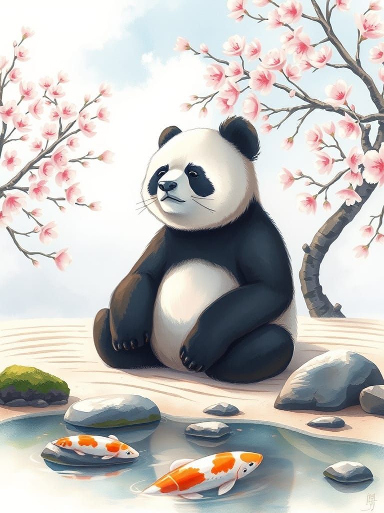 Wise Panda Meditating in Watercolor Zen Garden