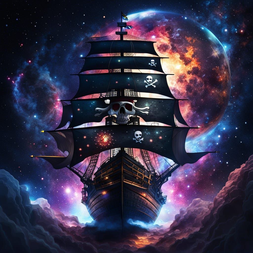 Pirate Ship Navigating a Colorful Galaxy