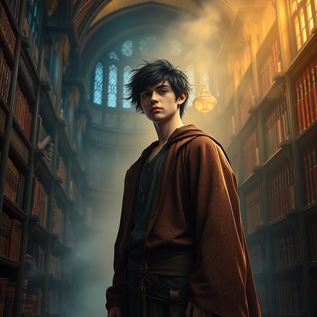 Mysterious Young Wizard in a Grand Library