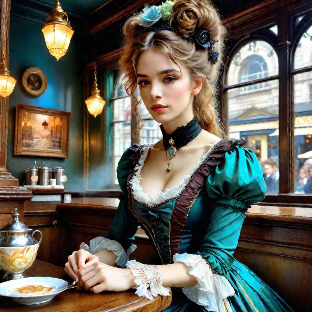 Victorian Woman in London Cafe: Anime-Style Portrait