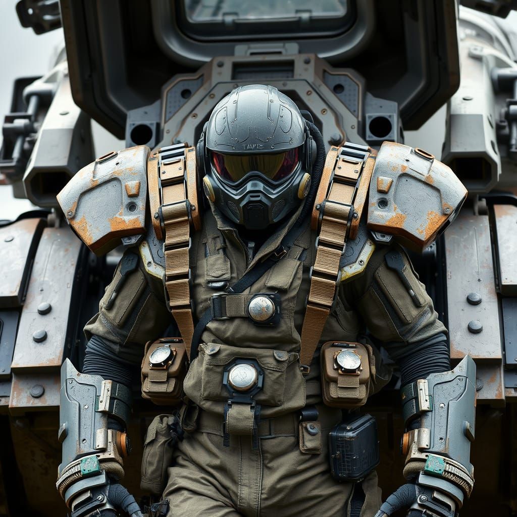 Futuristic Exoskeleton Pilot Emerges from Combat Suit
