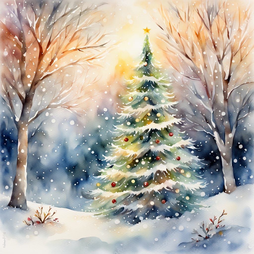 Magical Christmas Tree Watercolor Painting