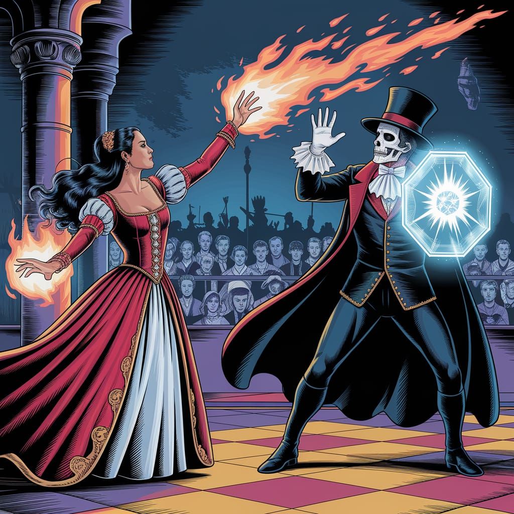 Renaissance Fantasy Duel in Elegant Red and Gold