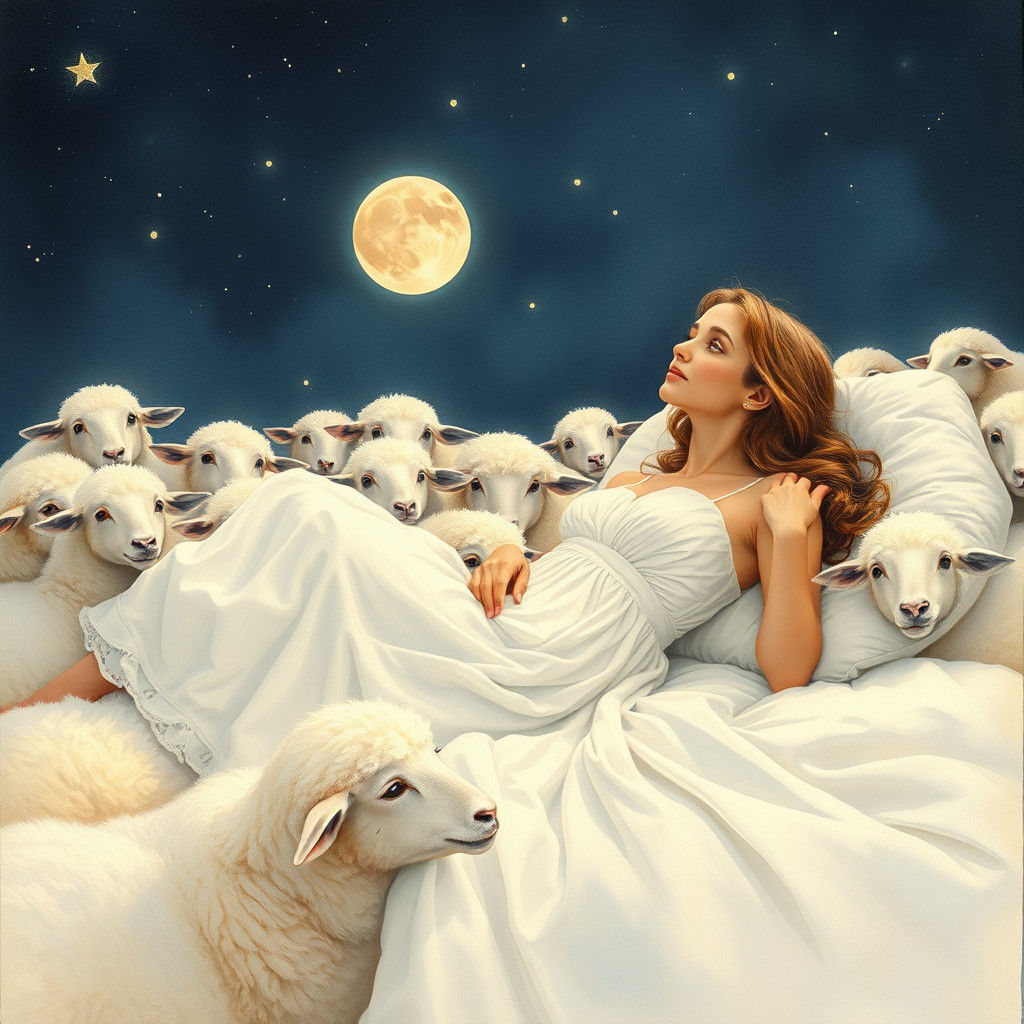 Woman Surrounded by Sheep in Dreamy Watercolor