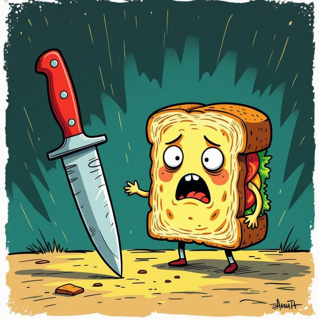 Terrified Sandwich Flees Sharp Knife in Storybook Style