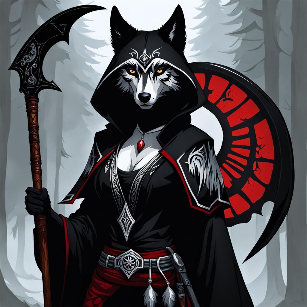 Anthropomorphic Wolf Grim Reaper in Tribal Style