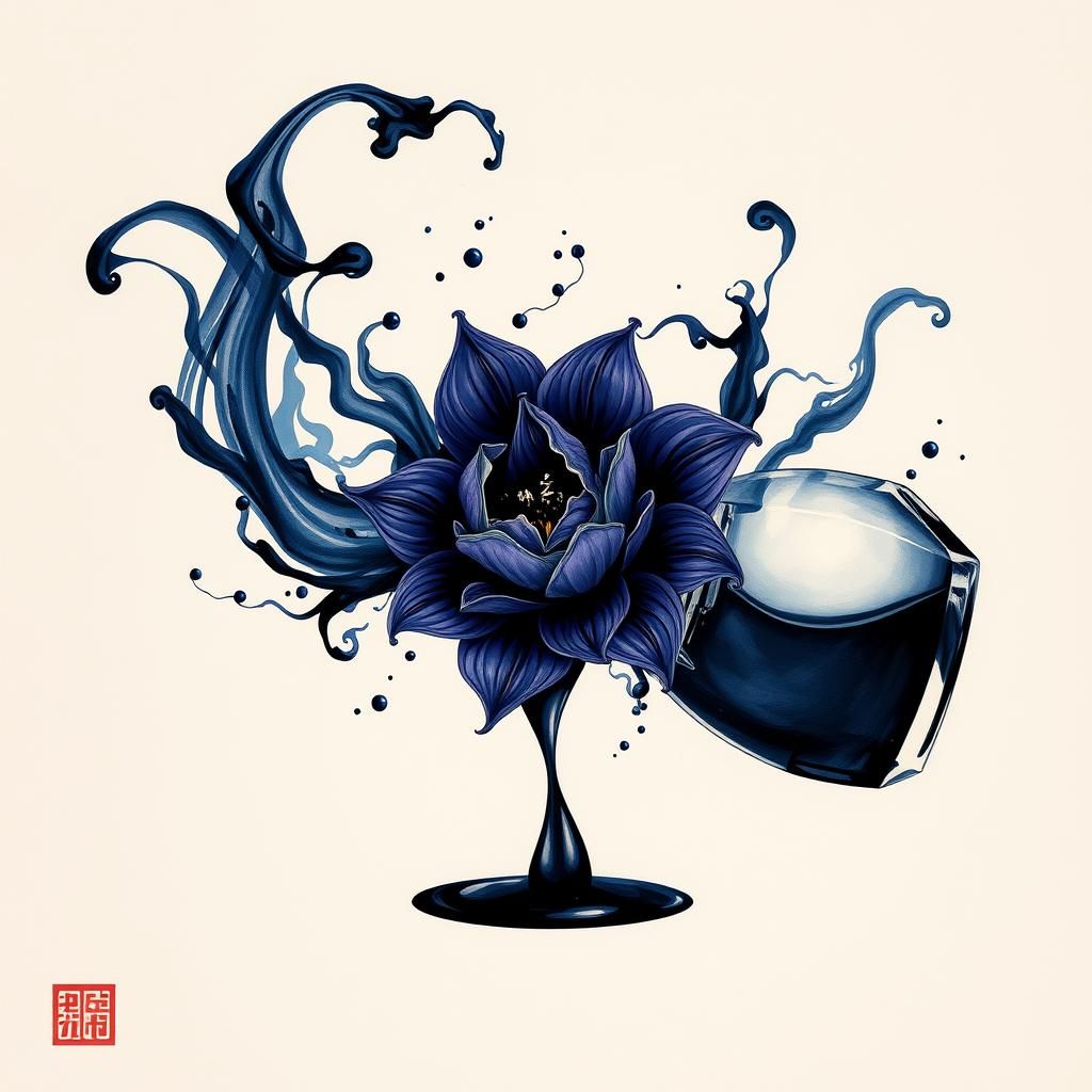 Ink Flower Splash with Crystal Bottle: Art Nouveau Style
