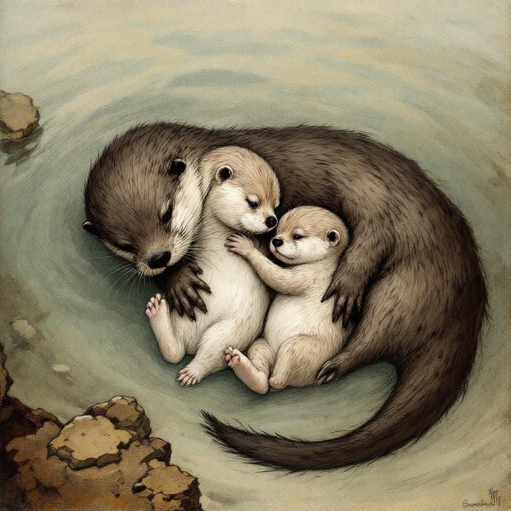 Mother and Baby Otter: Expressionist Underwater Sketch