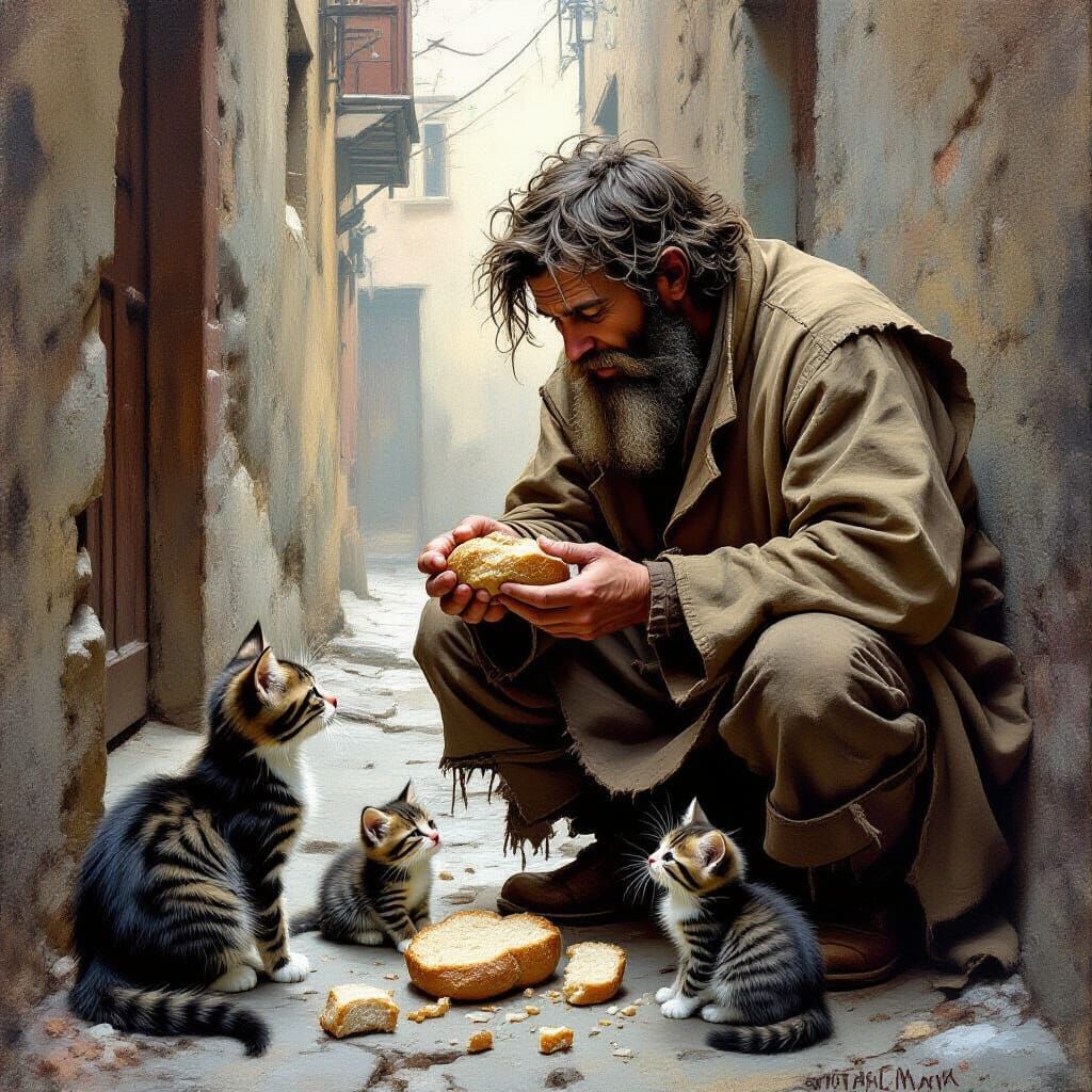Vagabond Shares Food With Cats in Grimy Alleyway