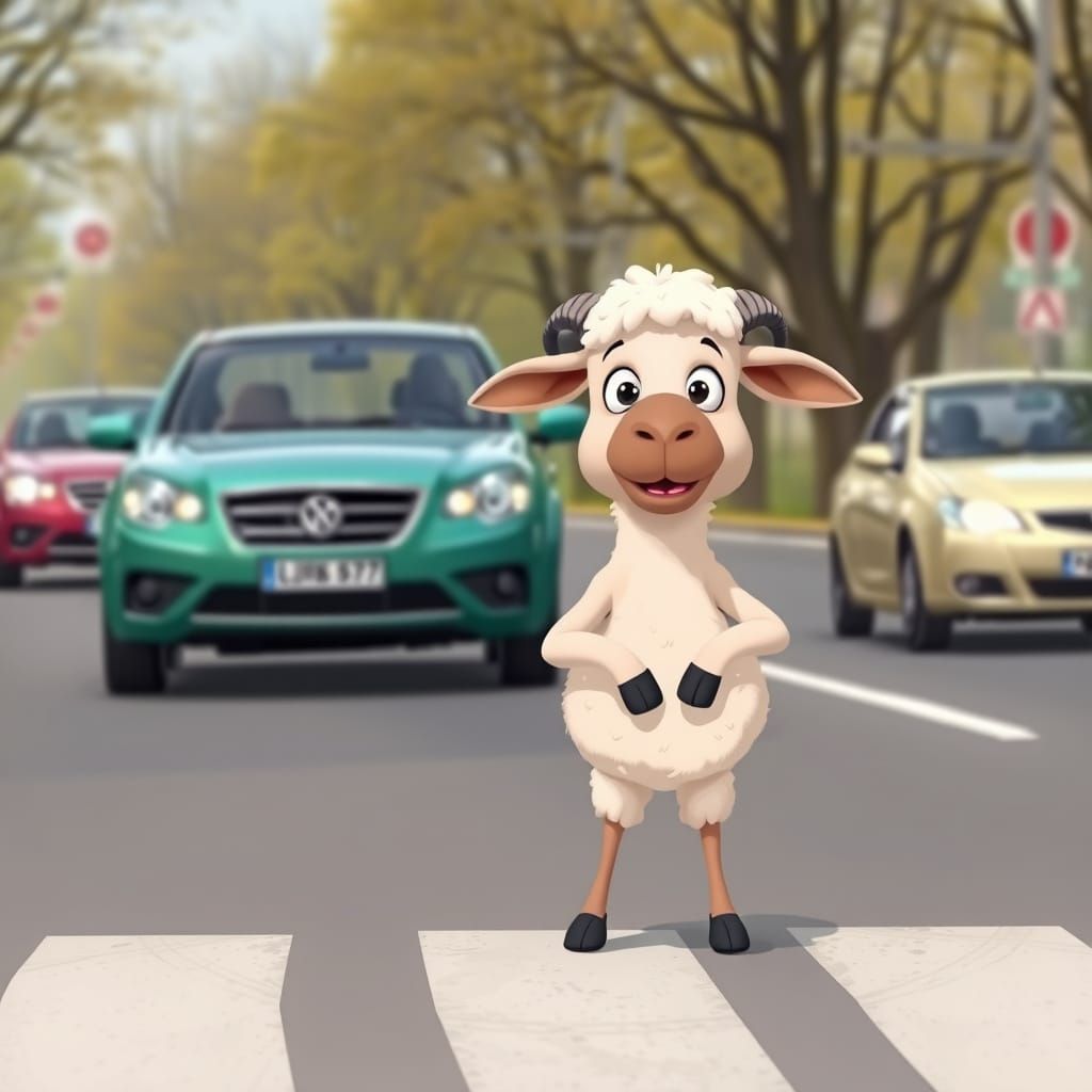 Cartoon Lamb Anxiously Crossing a Road