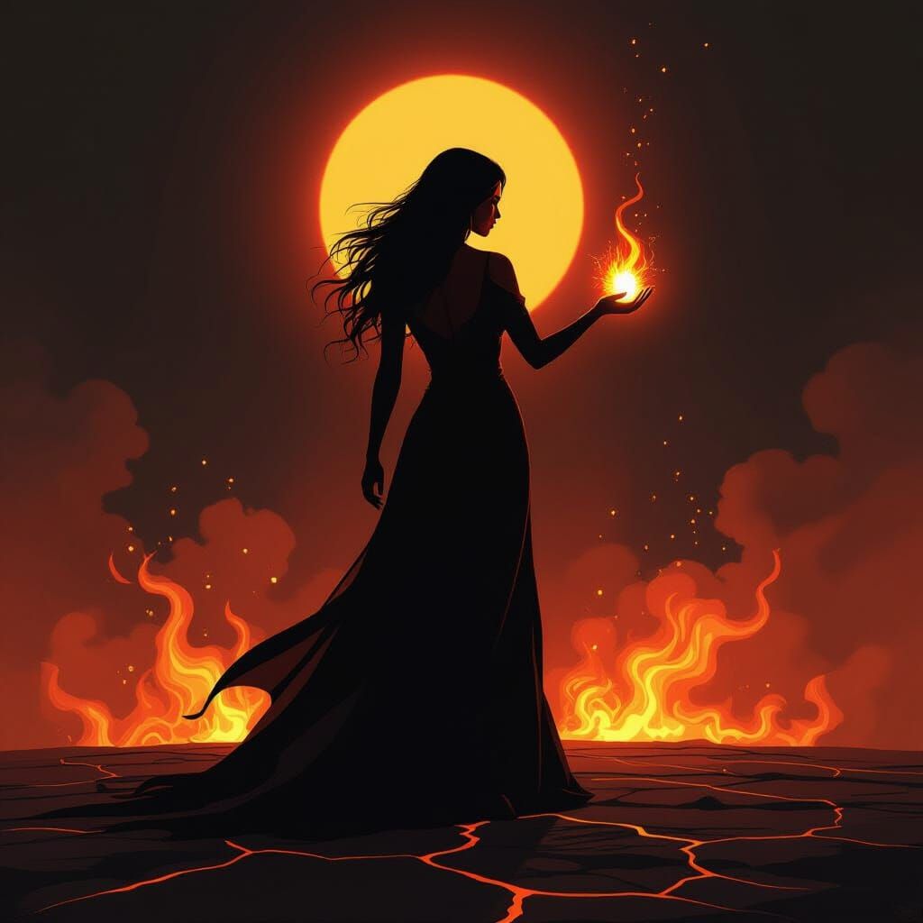 Powerful Female Silhouette Holds Miniature Sun Amidst Fiery ...