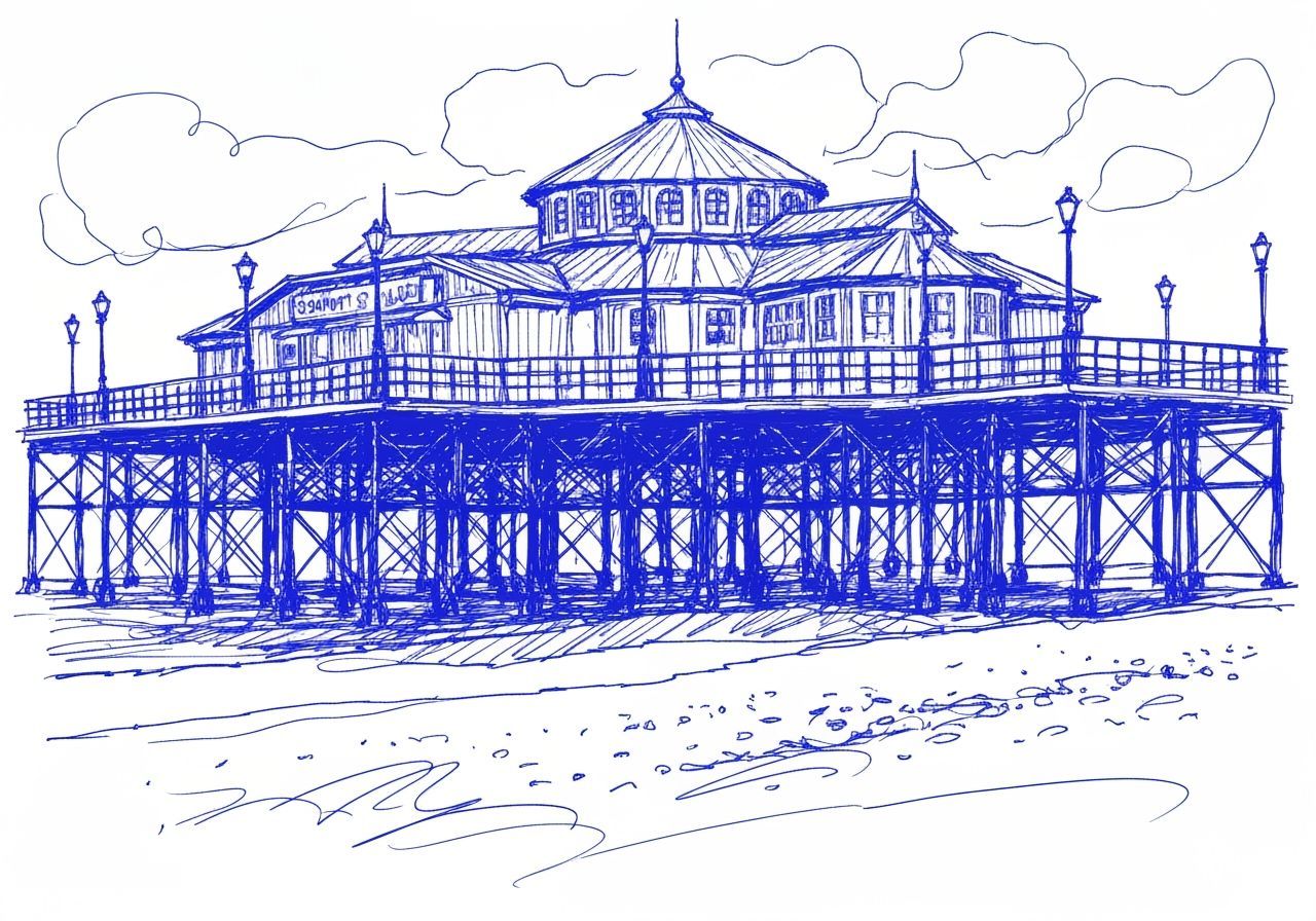 Blue Biro Doodle of Cromer Pier in Expressive Sketch Style